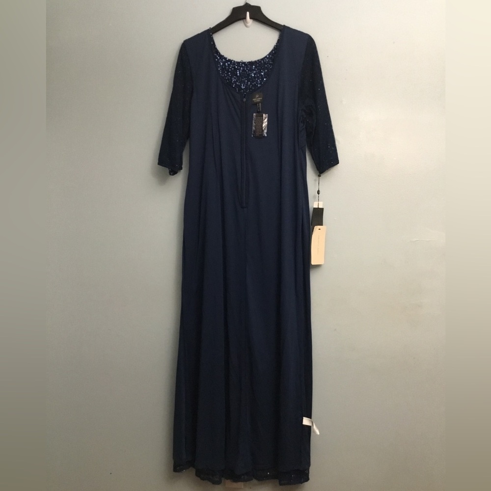 ADRIANNA PAPELL Blue and Silver Embellished Gown with Scoop Neckline - Picture 14 of 16